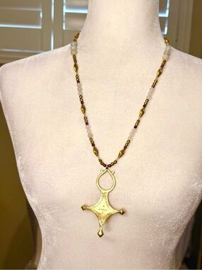 Gold-Tone Cross Pendant Beaded Necklacee & Earing  Set - Women Jewelry